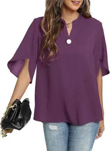Women's Summer Tops Short Sleeve Casual Shirts V Neck Chiffon Dressy Blouse Tops - GiFTiFY