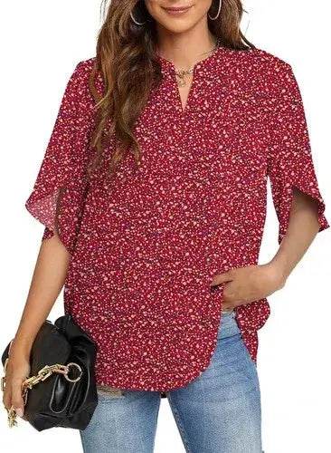 Women's Summer Tops Short Sleeve Casual Shirts V Neck Chiffon Dressy Blouse Tops - GiFTiFY