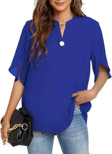 Women's Summer Tops Short Sleeve Casual Shirts V Neck Chiffon Dressy Blouse Tops - GiFTiFY