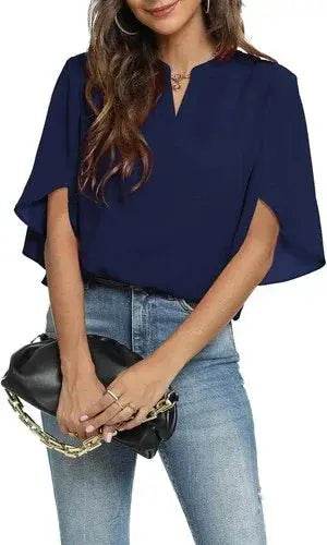 Women's Summer Tops Short Sleeve Casual Shirts V Neck Chiffon Dressy Blouse Tops Shirts by Zopi / AliExpress