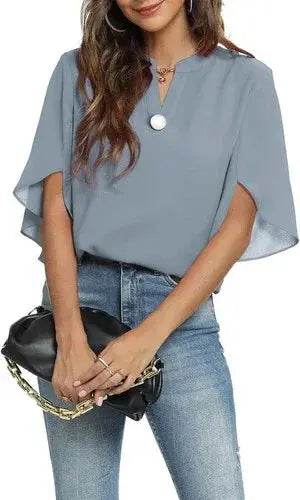 Women's Summer Tops Short Sleeve Casual Shirts V Neck Chiffon Dressy Blouse Tops - GiFTiFY