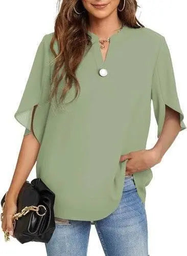 Women's Summer Tops Short Sleeve Casual Shirts V Neck Chiffon Dressy Blouse Tops - GiFTiFY