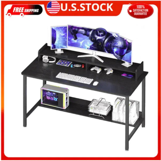Stylish Black Computer Desk with Storage Shelves - GiFTiFY