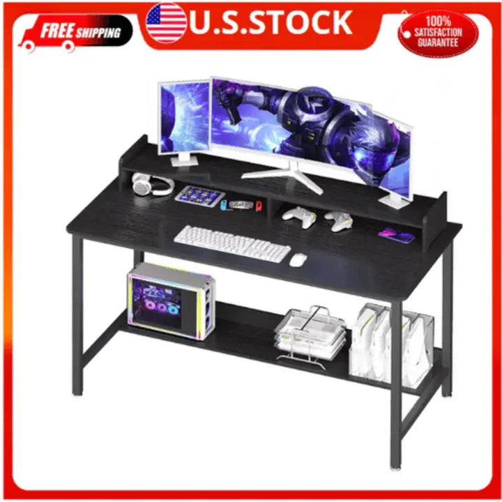 Stylish Black Computer Desk with Storage Shelves - GiFTiFY