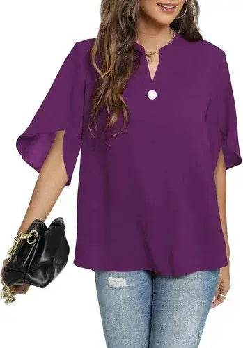 Women's Summer Tops Short Sleeve Casual Shirts V Neck Chiffon Dressy Blouse Tops - GiFTiFY