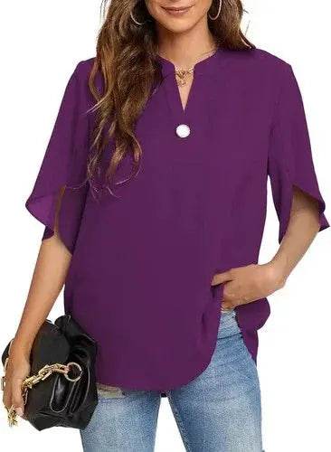 Women's Summer Tops Short Sleeve Casual Shirts V Neck Chiffon Dressy Blouse Tops - GiFTiFY