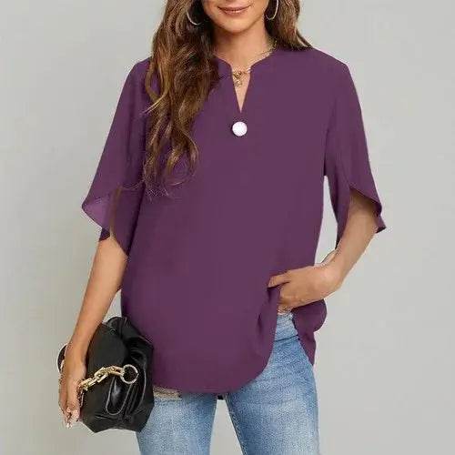 Women's Summer Tops Short Sleeve Casual Shirts V Neck Chiffon Dressy Blouse Tops - GiFTiFY