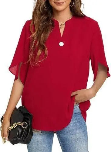 Women's Summer Tops Short Sleeve Casual Shirts V Neck Chiffon Dressy Blouse Tops - GiFTiFY