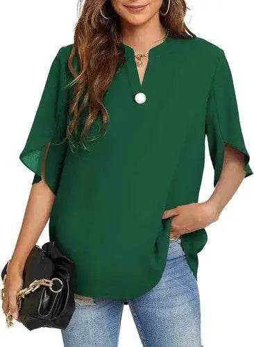 Women's Summer Tops Short Sleeve Casual Shirts V Neck Chiffon Dressy Blouse Tops - GiFTiFY