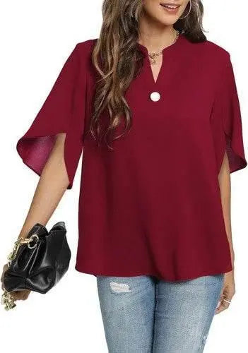 Women's Summer Tops Short Sleeve Casual Shirts V Neck Chiffon Dressy Blouse Tops - GiFTiFY