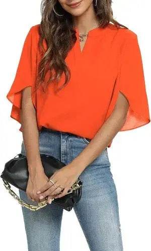 Women's Summer Tops Short Sleeve Casual Shirts V Neck Chiffon Dressy Blouse Tops - GiFTiFY