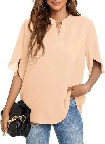 Women's Summer Tops Short Sleeve Casual Shirts V Neck Chiffon Dressy Blouse Tops - GiFTiFY