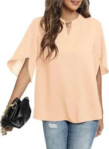 Women's Summer Tops Short Sleeve Casual Shirts V Neck Chiffon Dressy Blouse Tops - GiFTiFY