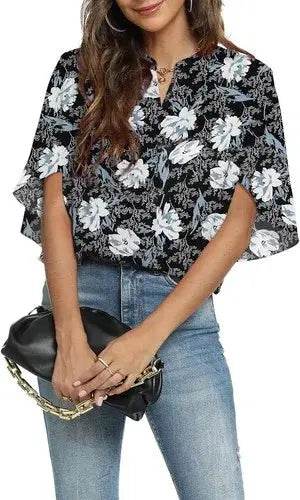 Women's Summer Tops Short Sleeve Casual Shirts V Neck Chiffon Dressy Blouse Tops - GiFTiFY