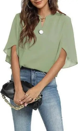 Women's Summer Tops Short Sleeve Casual Shirts V Neck Chiffon Dressy Blouse Tops - GiFTiFY