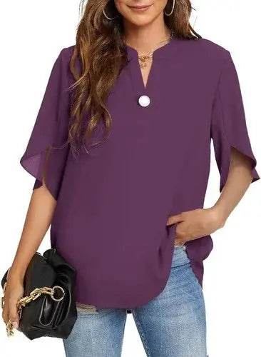 Women's Summer Tops Short Sleeve Casual Shirts V Neck Chiffon Dressy Blouse Tops - GiFTiFY