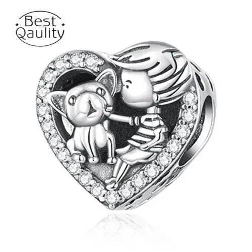 New S925 Boy & Dog Heart Charm For Women Jewelry Bracelet Necklace Accessories S925 heart charm - GiFTiFY