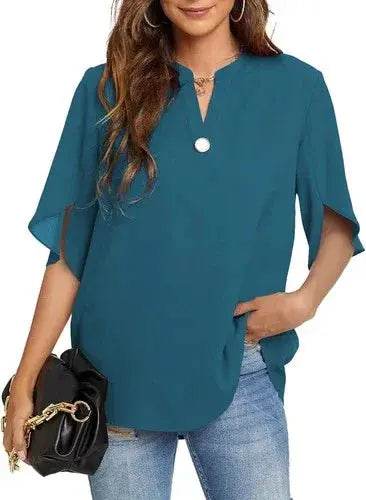 Women's Summer Tops Short Sleeve Casual Shirts V Neck Chiffon Dressy Blouse Tops - GiFTiFY