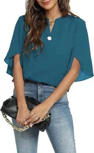 Women's Summer Tops Short Sleeve Casual Shirts V Neck Chiffon Dressy Blouse Tops - GiFTiFY