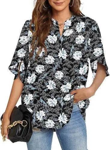 Women's Summer Tops Short Sleeve Casual Shirts V Neck Chiffon Dressy Blouse Tops - GiFTiFY