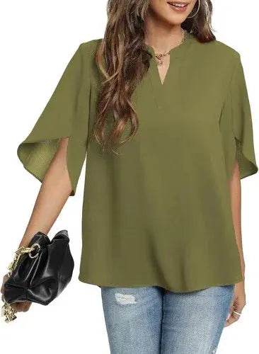 Women's Summer Tops Short Sleeve Casual Shirts V Neck Chiffon Dressy Blouse Tops - GiFTiFY
