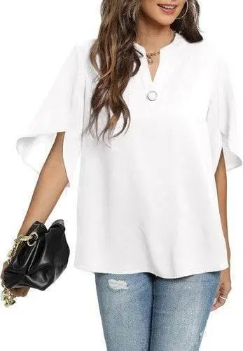 Women's Summer Tops Short Sleeve Casual Shirts V Neck Chiffon Dressy Blouse Tops - GiFTiFY