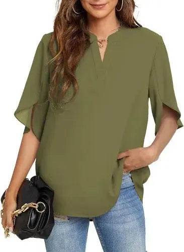 Women's Summer Tops Short Sleeve Casual Shirts V Neck Chiffon Dressy Blouse Tops - GiFTiFY