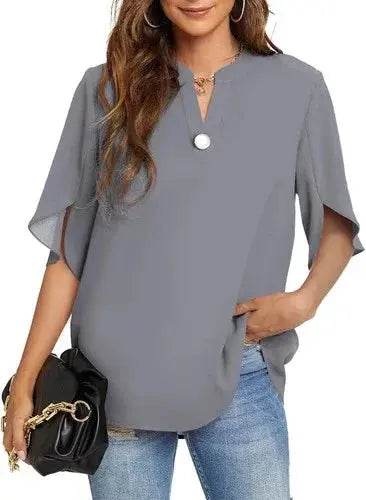 Women's Summer Tops Short Sleeve Casual Shirts V Neck Chiffon Dressy Blouse Tops - GiFTiFY