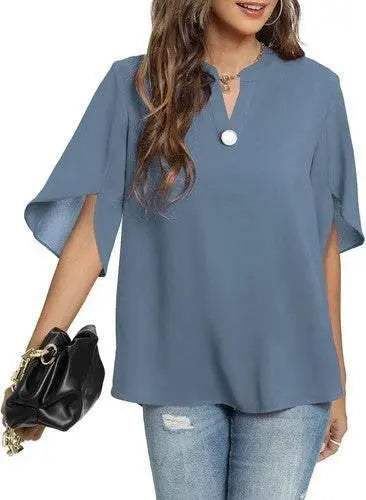 Women's Summer Tops Short Sleeve Casual Shirts V Neck Chiffon Dressy Blouse Tops - GiFTiFY