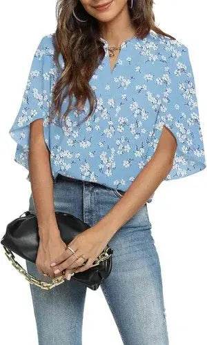 Women's Summer Tops Short Sleeve Casual Shirts V Neck Chiffon Dressy Blouse Tops - GiFTiFY