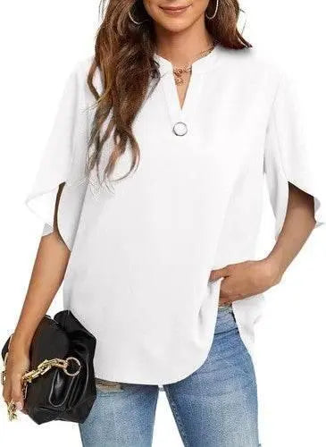 Women's Summer Tops Short Sleeve Casual Shirts V Neck Chiffon Dressy Blouse Tops - GiFTiFY