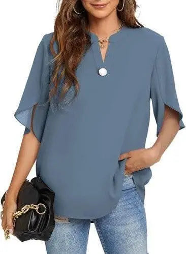 Women's Summer Tops Short Sleeve Casual Shirts V Neck Chiffon Dressy Blouse Tops - GiFTiFY