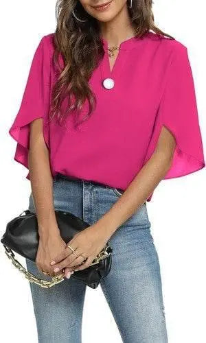 Women's Summer Tops Short Sleeve Casual Shirts V Neck Chiffon Dressy Blouse Tops - GiFTiFY
