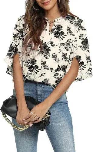 Women's Summer Tops Short Sleeve Casual Shirts V Neck Chiffon Dressy Blouse Tops - GiFTiFY