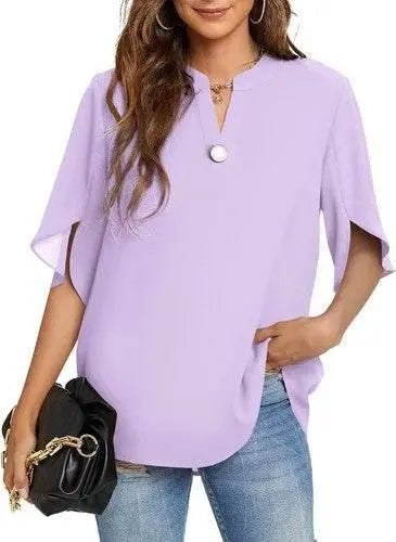 Women's Summer Tops Short Sleeve Casual Shirts V Neck Chiffon Dressy Blouse Tops - GiFTiFY
