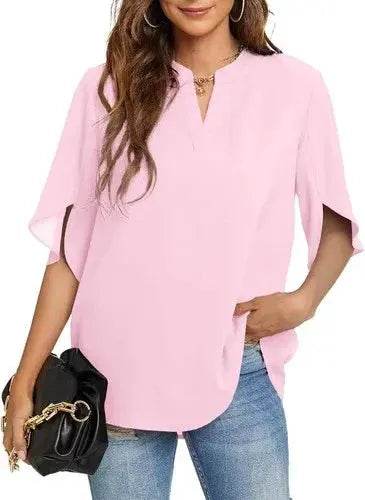 Women's Summer Tops Short Sleeve Casual Shirts V Neck Chiffon Dressy Blouse Tops - GiFTiFY