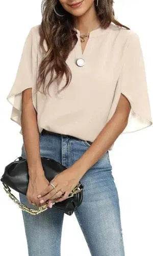 Women's Summer Tops Short Sleeve Casual Shirts V Neck Chiffon Dressy Blouse Tops - GiFTiFY