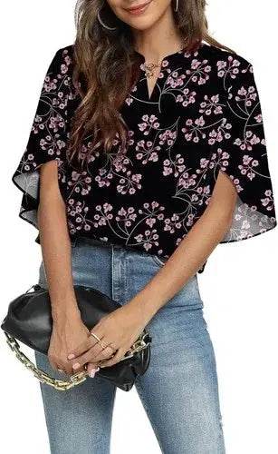 Women's Summer Tops Short Sleeve Casual Shirts V Neck Chiffon Dressy Blouse Tops - GiFTiFY