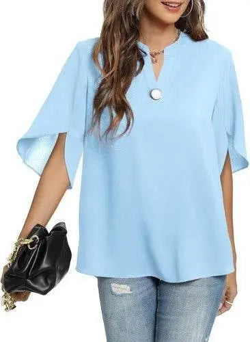 Women's Summer Tops Short Sleeve Casual Shirts V Neck Chiffon Dressy Blouse Tops - GiFTiFY