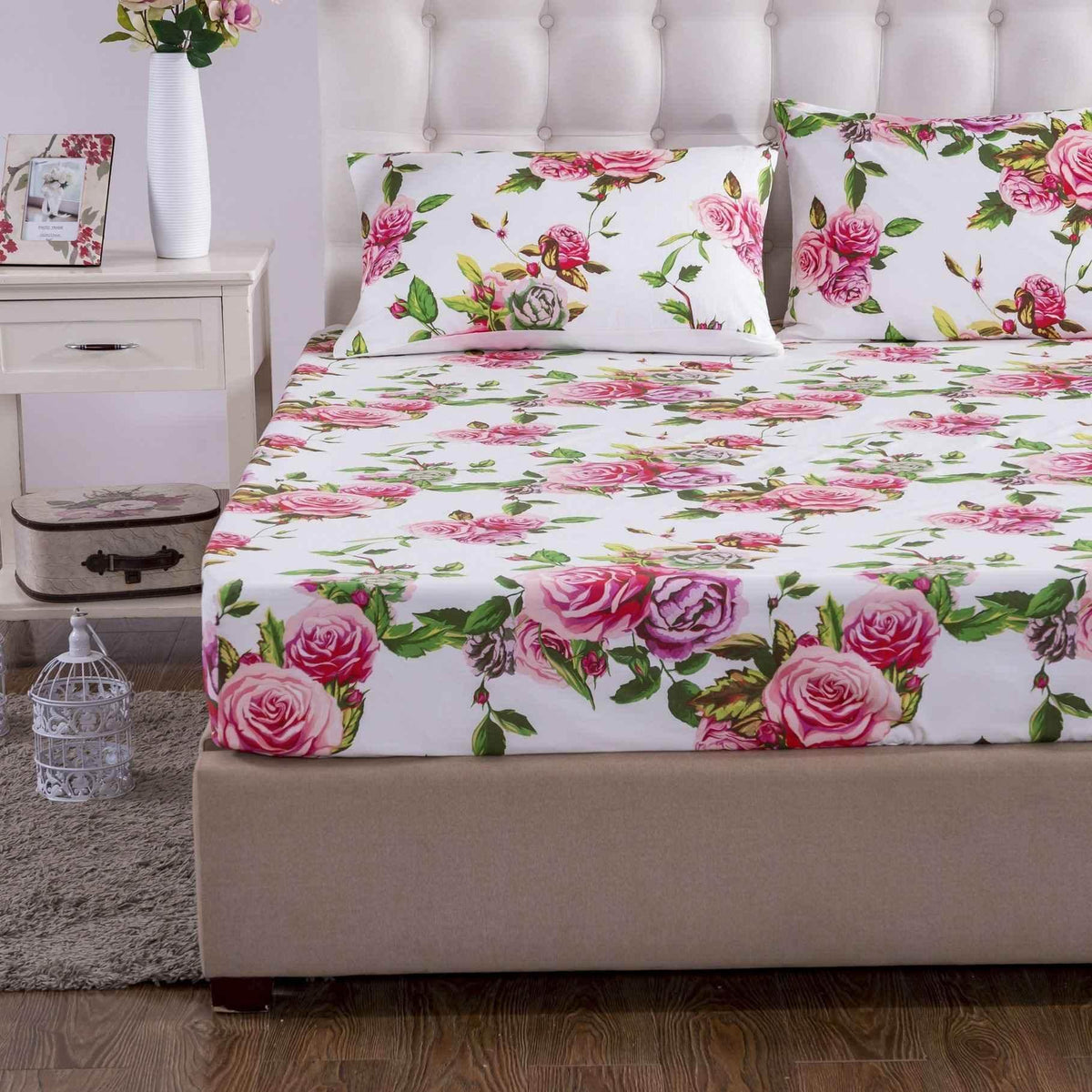 DaDa Bedding Romantic Roses Lovely Spring Pink Floral Fitted Bed Sheet w/ Pillow Cases (JHW879-Fitted) Sheet Sets by DaDalogy Bedding Collection