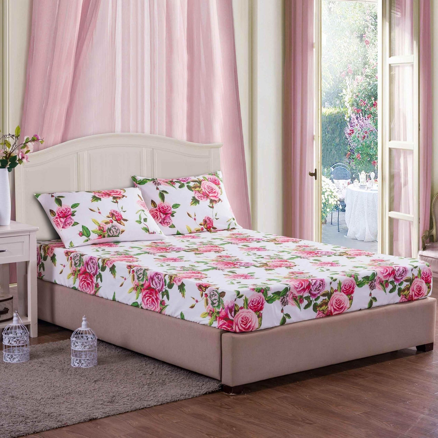 DaDa Bedding Romantic Roses Lovely Spring Pink Floral Fitted Bed Sheet w/ Pillow Cases (JHW879-Fitted) - GiFTiFY