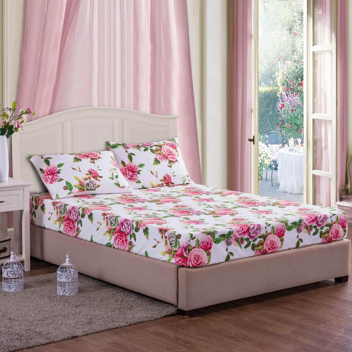 DaDa Bedding Romantic Roses Lovely Spring Pink Floral Fitted Bed Sheet w/ Pillow Cases (JHW879-Fitted) Sheet Sets by DaDalogy Bedding Collection