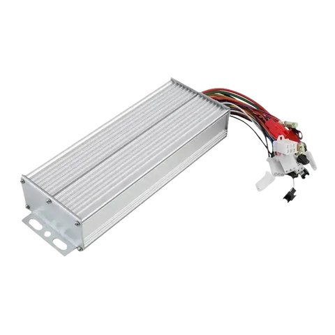 Silver rectangular controller with attached wires and connectors.