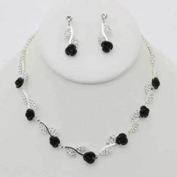 Silver Black Rose Necklace Earring Set - GiFTiFY