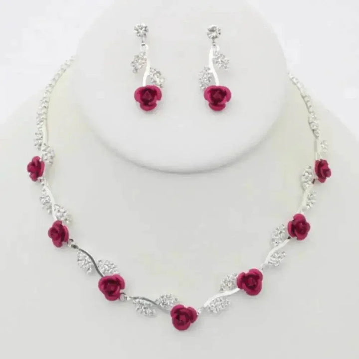 Silver Black Rose Necklace Earring Set - GiFTiFY