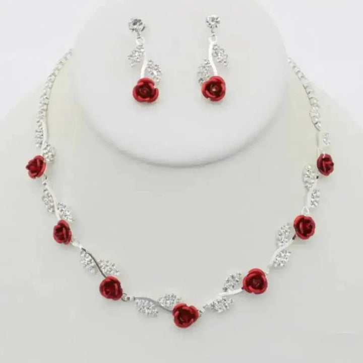 Silver Black Rose Necklace Earring Set - GiFTiFY