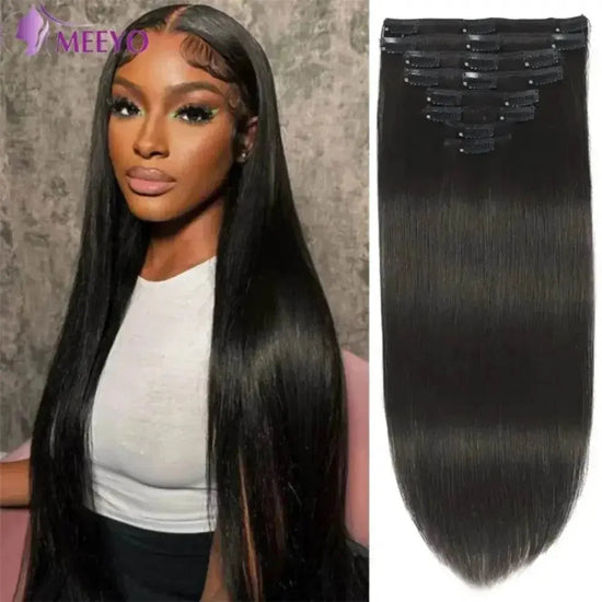 Straight Human Hair Extensions Brazilian Natural Seamless Clip ins Human Hair Extensions 16-26 Inch Full Head For Women - GiFTiFY