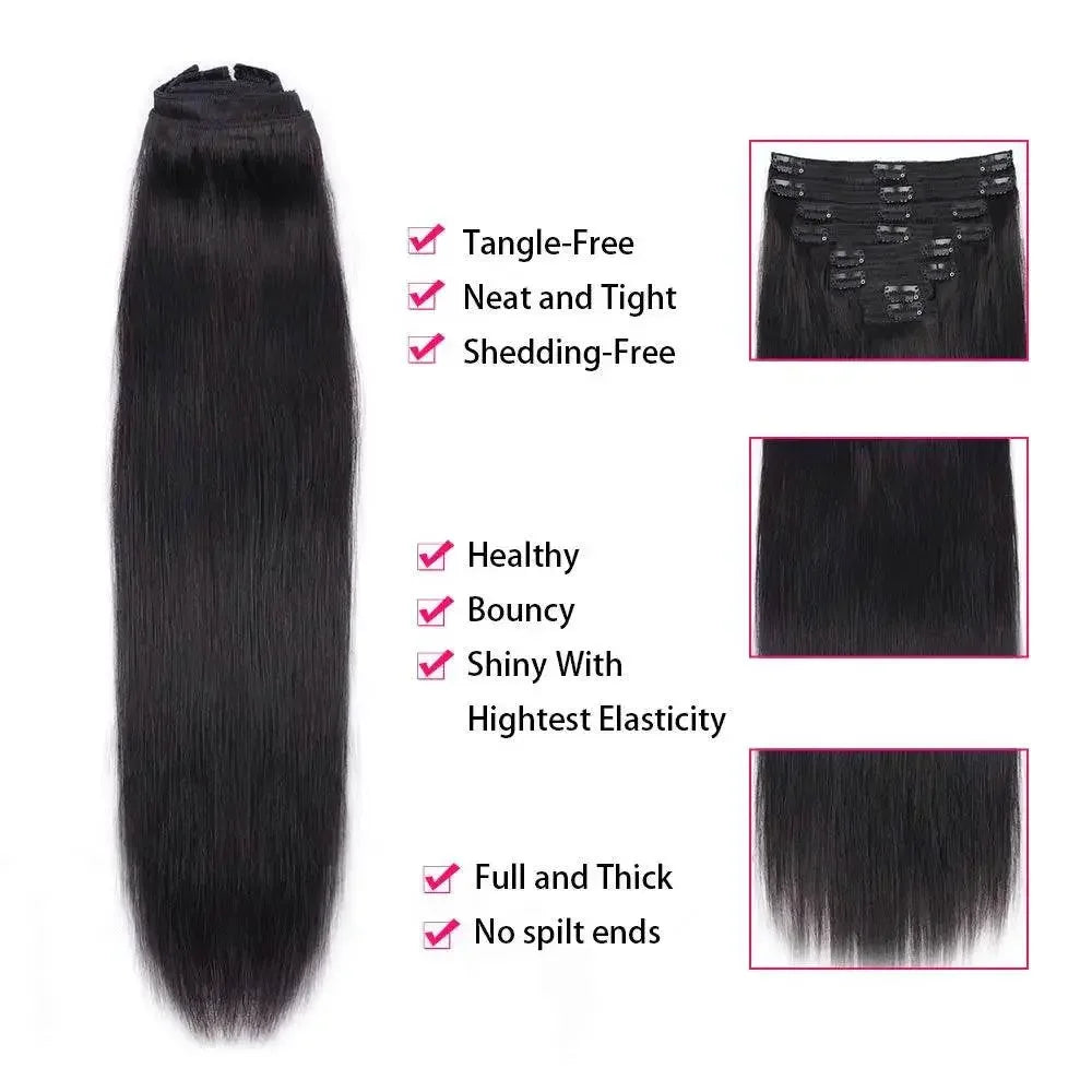 Straight Human Hair Extensions Brazilian Natural Seamless Clip ins Human Hair Extensions 16-26 Inch Full Head For Women - GiFTiFY
