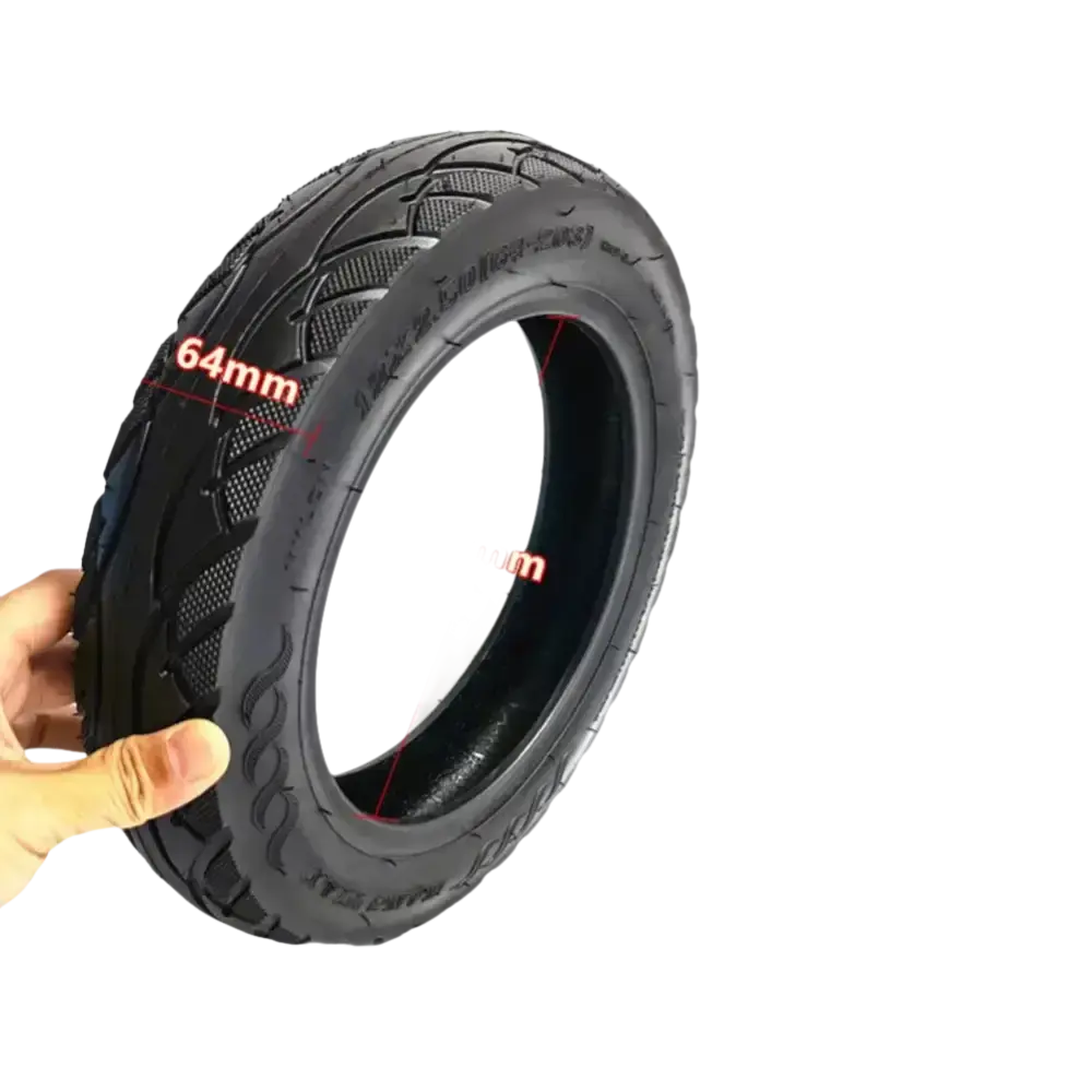 Black scooter tire with dimensions.