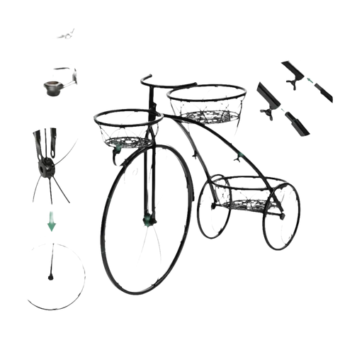Black metal bicycle plant stand with installation details.